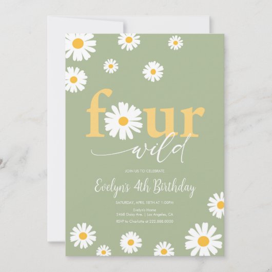 Invitation FOUR Ever Wild Boho Sage Green Daisy 4e anniversai (Devant)