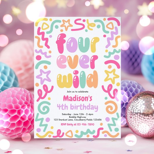 Invitation Four Ever Wild Confetti Balloon 4th Birthday 