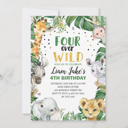 Invitation Four Ever Wild Jungle Safari 4e fête d'anniversair (Devant)