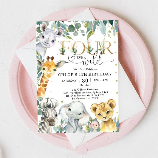 Invitation Four Ever Wild Party Animals Boy 4th Birthday