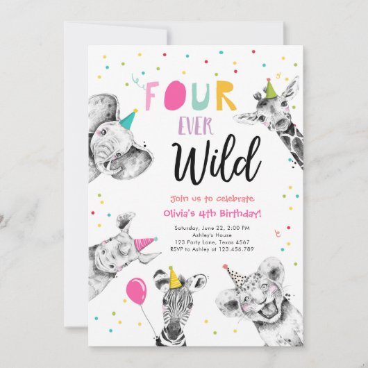 Invitation Four Ever Wild Party Animaux Safari Girl Anniversa (Devant)