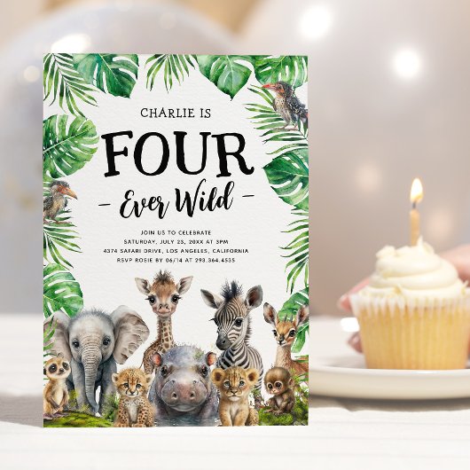 Invitation Four Ever Wild Safari 4e fête d'anniversaire