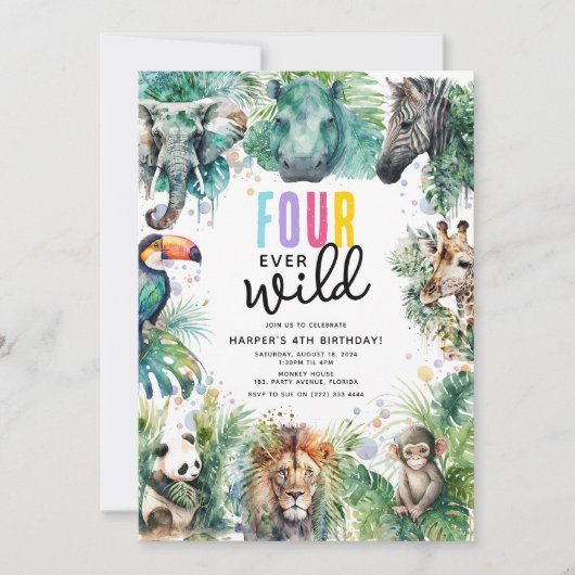 Invitation Four Ever Wild Safari Animals Cool 4th Birthday (Devant)