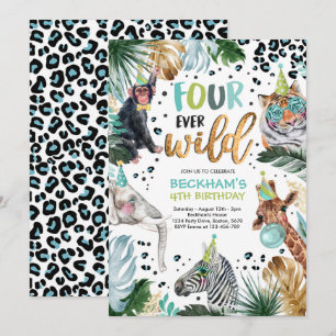 Invitation Four Ever Wild Safari Animaux 4e anniversaire garç