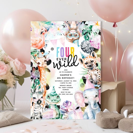 Invitation Four Ever Wild Safari Animaux Cool 4e anniversaire