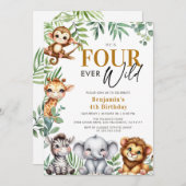 Invitation Four Ever Wild Safari Jungle Animaux 4e anniversai (Devant / Derrière)
