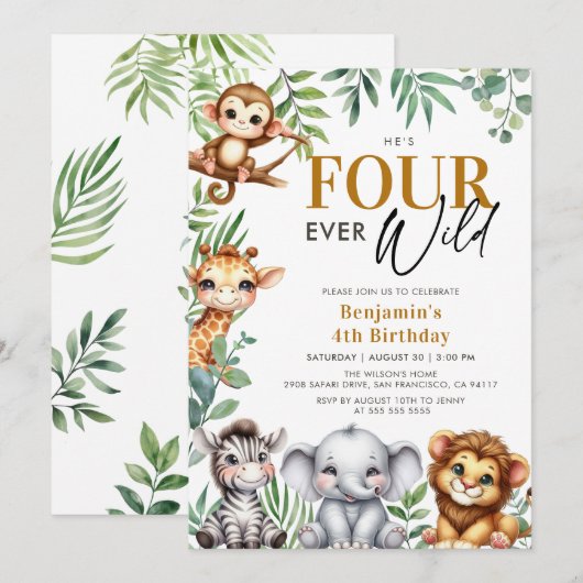 Invitation Four Ever Wild Safari Jungle Animaux 4e anniversai (Devant / Derrière)