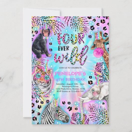 Invitation Four Ever Wild Safari Neon Cheetah fête d'annivers (Devant)