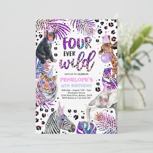 Invitation Four Ever Wild Safari Rainbow Cheetah 4e anniversa (Debout devant)