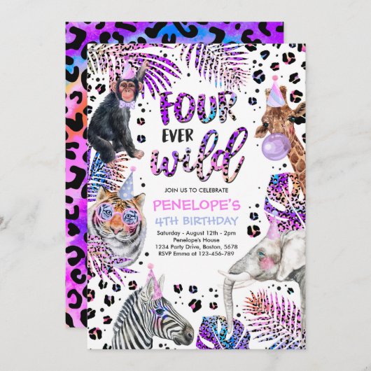 Invitation Four Ever Wild Safari Rainbow Cheetah 4e anniversa (Devant / Derrière)
