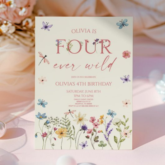 Invitation Four Ever Wild Wildflower 4th Birthday Party