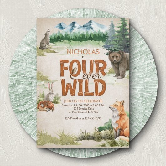 Invitation Four Ever Wild Woodland Animal 4e anniversaire