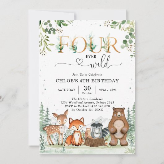 Invitation Four Ever Wild Woodland Party Animals 4th Birthday (Devant)