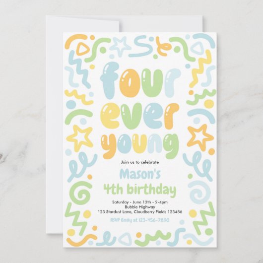 Invitation Four Ever Young Confetti Balloon 4th Birthday  (Devant)