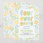 Invitation Four Ever Young Confetti Balloon 4th Birthday  (Devant / Derrière)