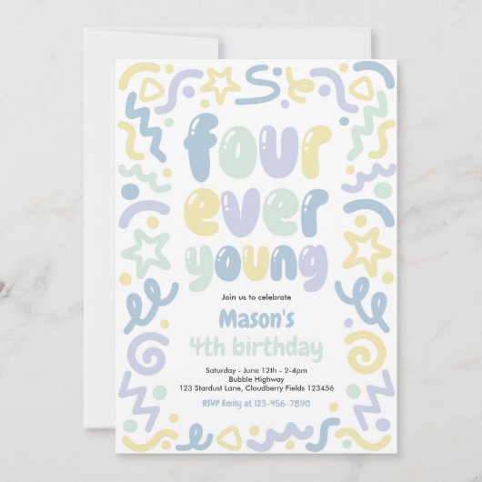 Invitation Four Ever Young Confetti Balloon 4th Birthday (Devant)