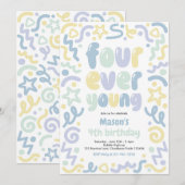 Invitation Four Ever Young Confetti Balloon 4th Birthday (Devant / Derrière)