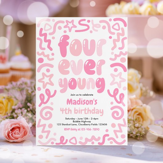 Invitation Four Ever Young Confetti Balloon 4th Birthday 