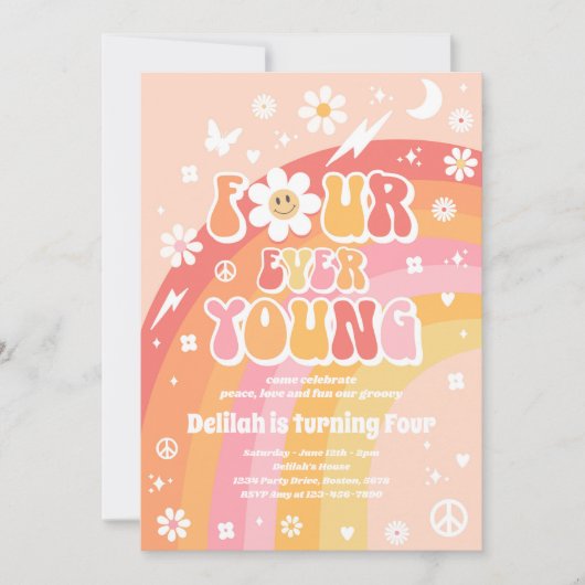 Invitation Four Ever Young Hippie 4e fête d'anniversaire (Devant)