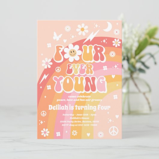 Invitation Four Ever Young Hippie 4e fête d'anniversaire (Debout devant)