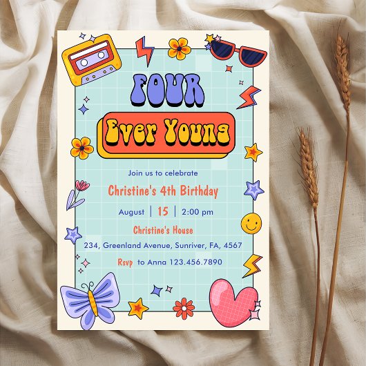 Invitation Four Ever Young Hippie Super 4e fête d'anniversair