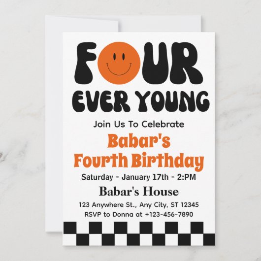 Invitation Four Ever Young Retro Boy 4e anniversaire (Devant)