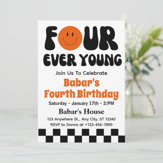 Invitation Four Ever Young Retro Boy 4e anniversaire (Debout devant)