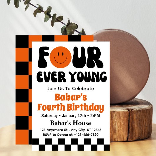 Invitation Four Ever Young Retro Boy 4e anniversaire