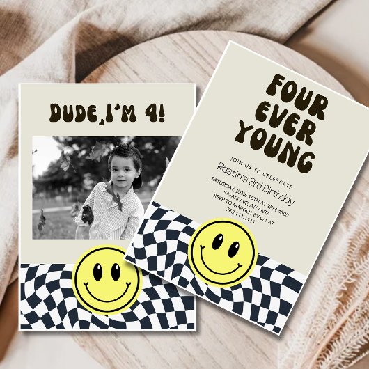 Invitation FOUR ever Young Retro Boys 4e anniversaire Invitat