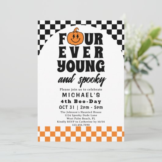 Invitation Four Ever Young Retro Halloween 4e fête d'annivers (Debout devant)