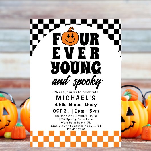 Invitation Four Ever Young Retro Halloween 4e fête d'annivers