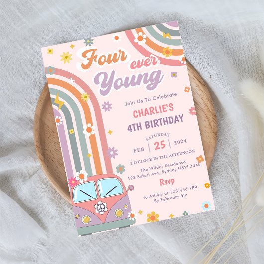 Invitation Four Ever Young Super Retro Daisy 4e anniversaire
