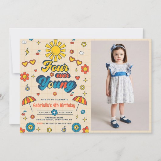 Invitation Four Ever Young Super Retro Daisy 4e anniversaire (Devant)
