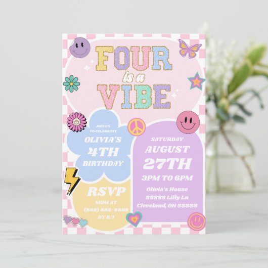 Invitation Four Is A Vibe Preppy Patch 4th Birthday Party (Debout devant)
