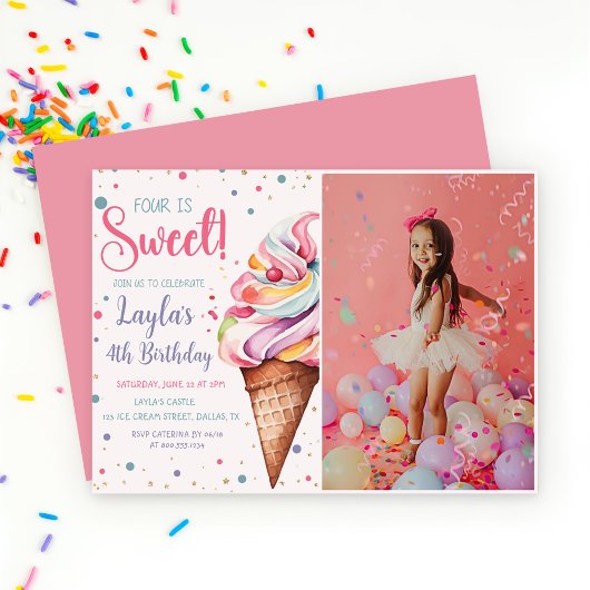 Invitation Four is Sweet Ice Cream 4th Birthday Photo