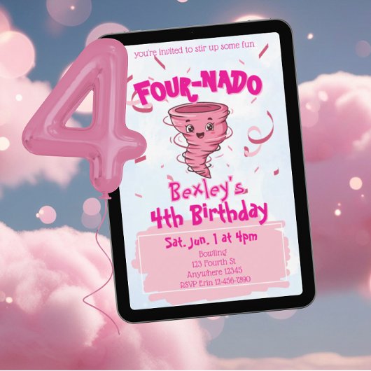 Invitation Four-Nado Pink Tornado 4th Birthday