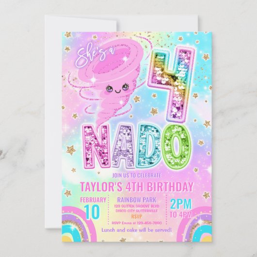 Invitation Four Nado Rainbow Glitter 4th Birthday Party  (Devant)