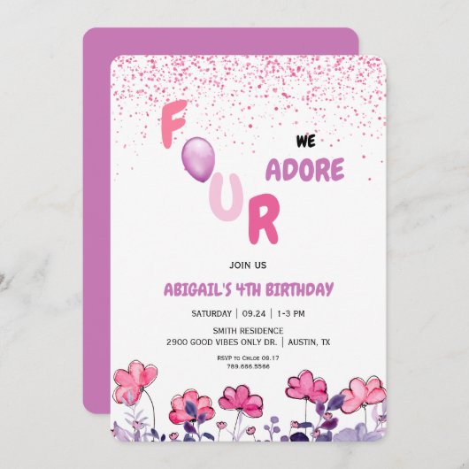 Invitation Four We Adore la Parties scintillant 4e fête d'ann (Devant / Derrière)