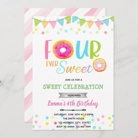 Invitation FOURever doux gâteau d'anniversaire donut (Devant / Derrière)