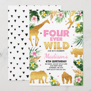 Invitation Fourever Wild 4e anniversaire fête Safari Animaux
