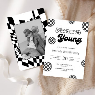 Invitation FOURever Young Black Retro Boys 4e anniversaire