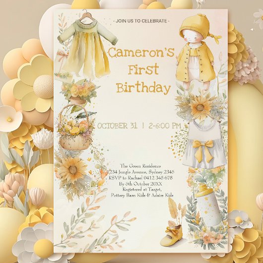 Invitation Fournitures bébé aquarelle jaune Premier Anniversa