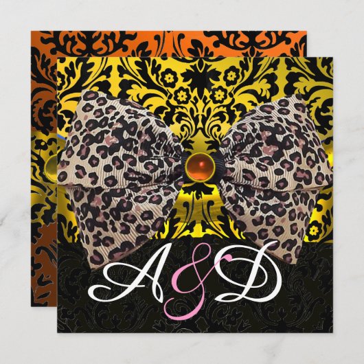 INVITATION FOURRURE ANIMALE IMPRIMÉE NOEUD PAPILLON OR DAMAS (Devant / Derrière)