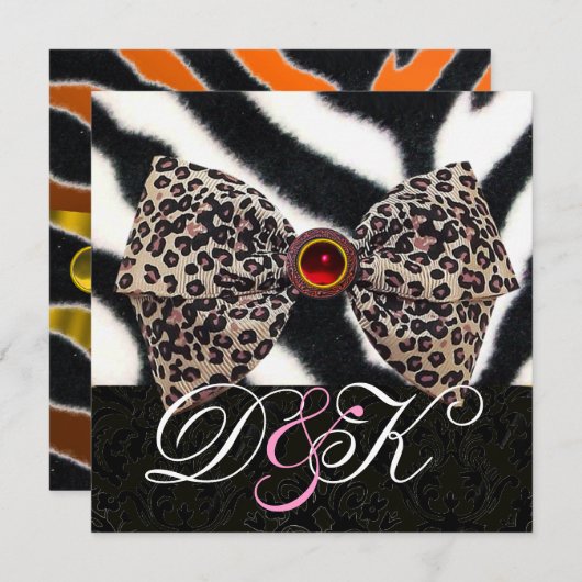 INVITATION FOURRURE DE ZÈBRE, NOEUD EN PEAU DE LÉOPARD, MONOG (Devant / Derrière)