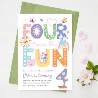 Invitation Fourth Birthday Invite Girl, Four times the Fun 