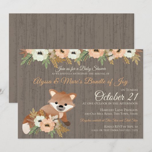 Invitation Fox Automne Floral Baby shower forestier (Devant / Derrière)