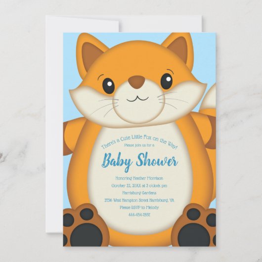 Invitation Fox Baby shower bleu (Devant)