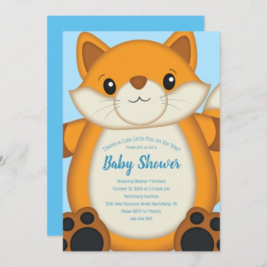 Invitation Fox Baby shower bleu (Devant / Derrière)
