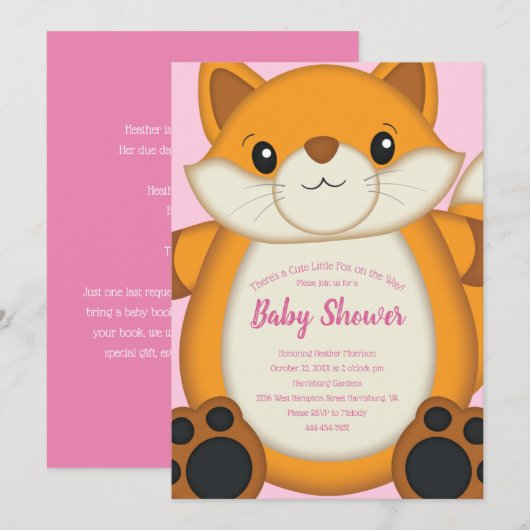 Invitation Fox Baby shower rose (Devant / Derrière)