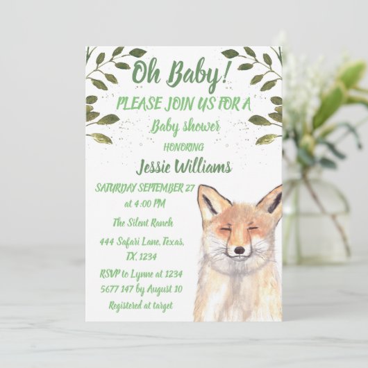 Invitation Fox Bois animaux Green Rustic Baby garçon douche (Debout devant)